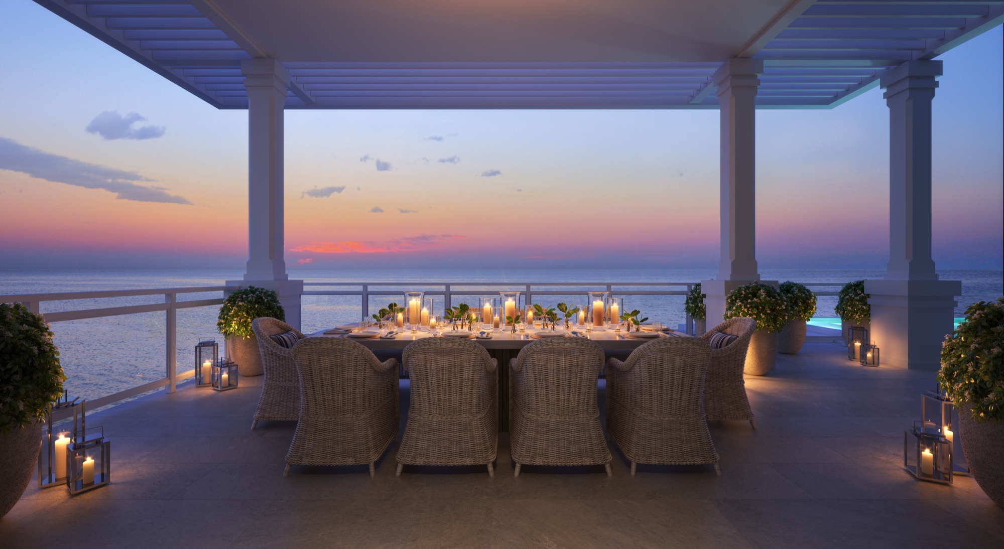 An oceanfront terrace at sunset in The Bahamas